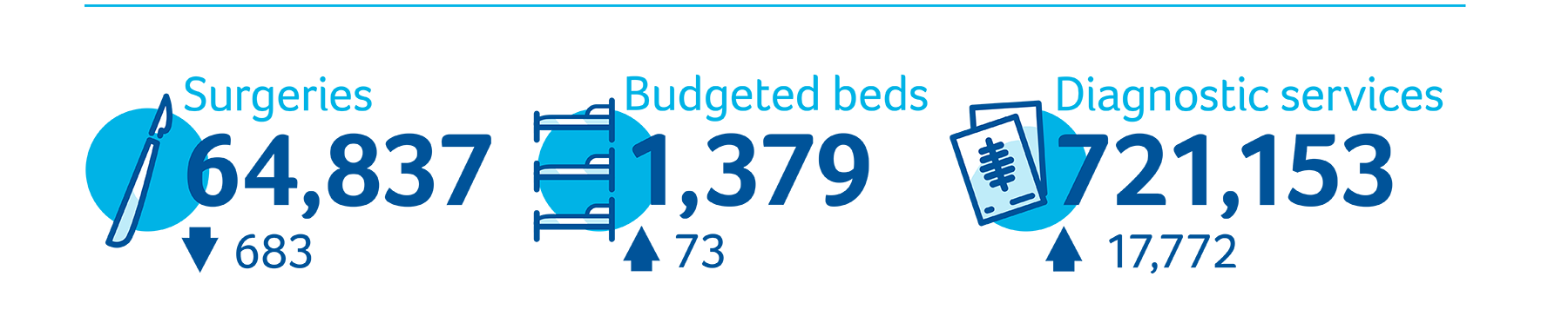 1,379 beds (73 more than last year). 64,837 surgeries (683 fewer than last year), 721,153 diagnostic services (17,772 more than last year). 