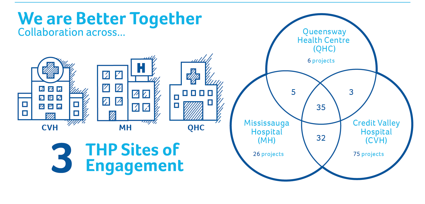 3 Sites of Engagement: Mississauga Hospital: 25 Projects, Credit Valley Hospital: 71 projects, Queensway Health Centre: 3 Projects.