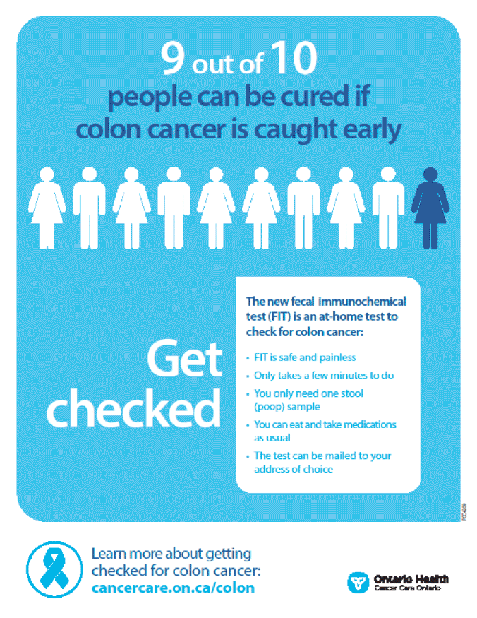 Click to open larger image - Get checked for colon cancer - contains text: 9 out of 10 people can be cured if colon cancer is caught early. Get Checked. The new Fecal Immunochemical Test (FIT) is an et-home test to check for colon cancer: FIT is safe and oainles, Only takes a few minutes to do, You only need one stool (poop) sample, you can eat and take medications as usual, The test can be mailed to your address of choice. Learn more about getting checked for colon cancer at cancercare.on.ca/colon