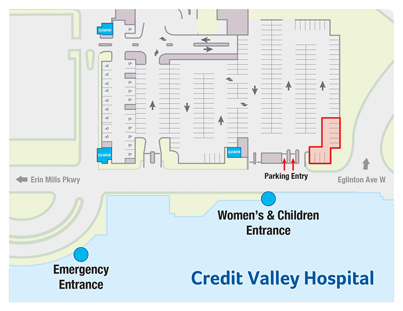 Map of 10 parking spaces dedicated for expectant and new parents (red-oulined spots). Click for larger image (opens in new tab)